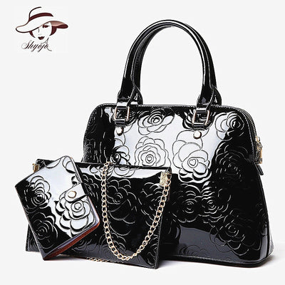 High Quality Luxury Patent Leather Women's Handbag Floral Printing 3PCS Set