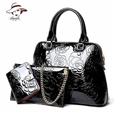 High Quality Luxury Patent Leather Women's Handbag Floral Printing 3PCS Set