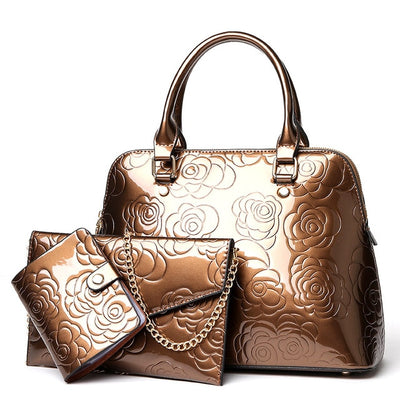 High Quality Luxury Patent Leather Women's Handbag Floral Printing 3PCS Set