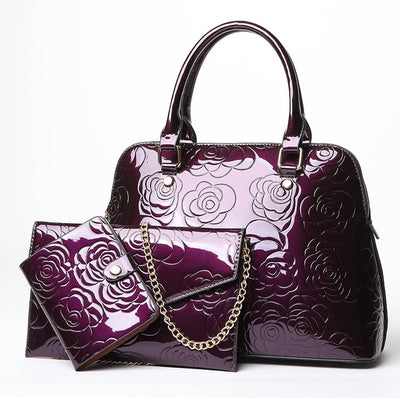 High Quality Luxury Patent Leather Women's Handbag Floral Printing 3PCS Set